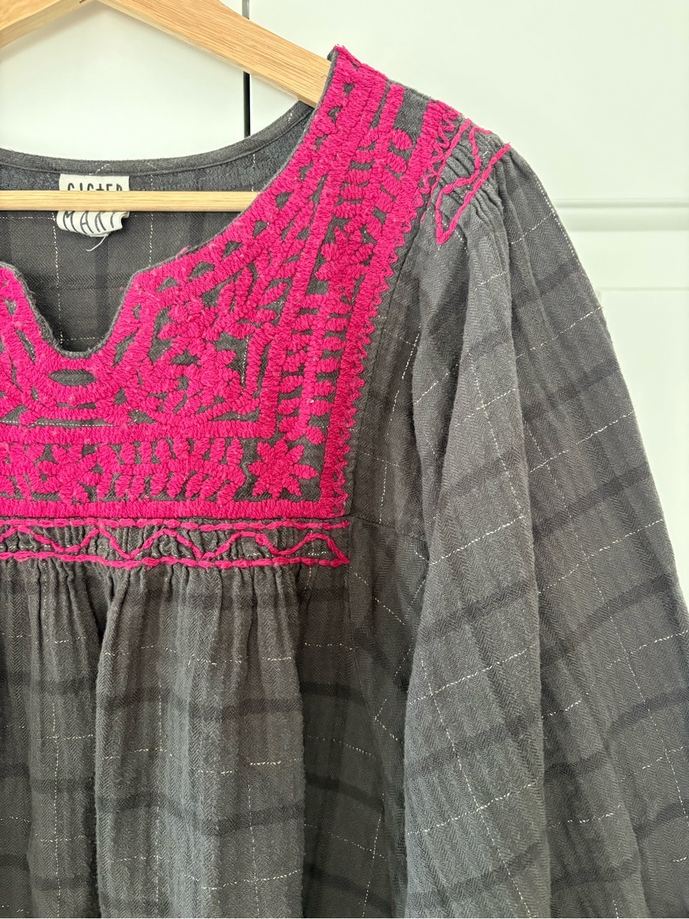 Sister Mary Embroidered Boho Blouse - Gray Plaid Metallic Thread, Medium - Picture 2 of 5